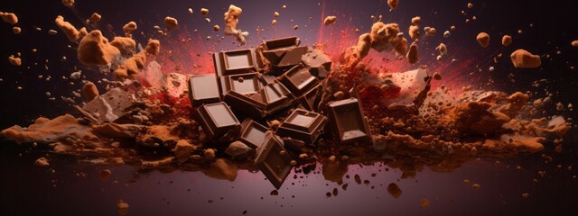 Wall Mural - Chocolate bar piece explosion chunk candy broken isolated milk cocoa fly white background. Break bar chocolate fall air food chip snack dark piece dessert black ingredient burst parts cacao sweet.