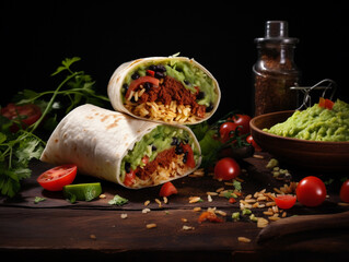 Burrito on black restaurant background.