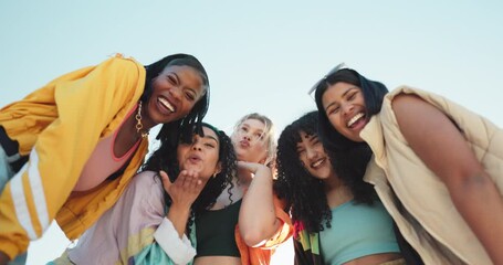 Wall Mural - Friends, peace sign and face of group of women outdoors with trendy clothes, cool outfit and style on blue sky. Fashion, diversity and portrait of people for bonding on holiday, vacation and weekend