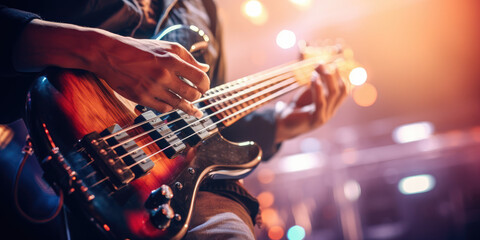 Wall Mural - Close-up of the bass guitar's neck,  frets and strings being played in a concert environment.