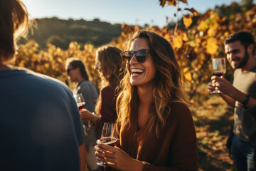 Poster - An outdoor gathering of friends toasts their wine amidst the vineyard's natural splendor, immersed in the joy of the harvest season.  Generative Ai.