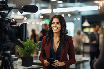 Poster - A businesswoman conducts an interview in her office, while a camera on a tripod takes center stage. The journalist's questions are met with thoughtful responses.  Generative Ai.