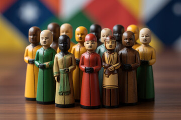 Poster - The figures of Brazil, Russia, India, China, and South Africa are printed on wooden figures, highlighting the BRICS economic international cooperation summit meeting. Generative Ai.