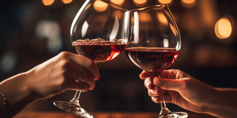 Two. glasses of red wine in celebratory touch together. In restaurant bar environment