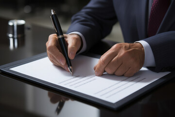 Wall Mural - A businessman uses a pen to mark a correct sign symbol on a checklist, emphasizing the importance of quality control assurance in ISO compliance. Generative Ai.