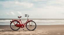 Old Vintage Red Bicycle On Beach At Sea Background