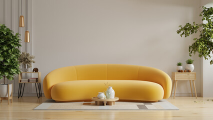 Wall Mural - Modern minimalist interior with yellow sofa on empty white color wall background