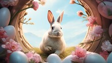 Illustration of an Easter bunny with easter eggs on a sunny spring day