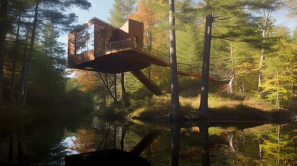 Wall Mural - The vintage lakeside treehouse exterior in Canada. Generative AI image AIG30.