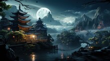 Ancient Village Of China, Beautiful Scene, Scenery Landscape, Chinese Lanterns Authentic Architecture, Houses, Mystical Evening, Mystical Evening, River, Empty Streets, Peaceful Atmosphere.