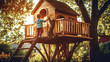 Child playing in wooden tree house 