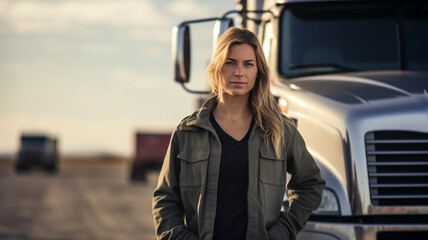 Female truck driver standing next to truck, concept of shipping, logistics and transport