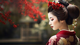 Traditional female geisha in a Japanese garden, red tree blossoms