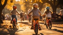 Energetic Kids Racing Bikes And Having Fun In The Park