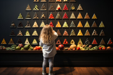 Sticker - A child looking at a poster on the wall illustrating the food pyramid, promoting nutritional knowledge. Generative Ai.