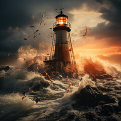 Wall Mural -  Capture of a remote lighthouse during a storm
