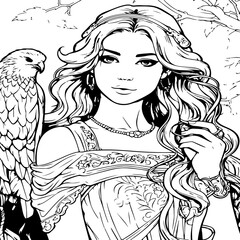 Wall Mural - Princess with Falcon adult coloring page coloring page