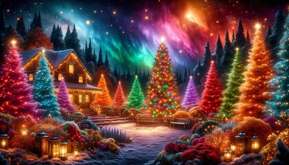 A magical winter landscape with an inviting cabin and colorful Christmas trees illuminated by a sky filled with aurora lights. Generative AI