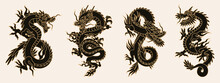 Set Of Four Chinese Dragons Of Black And Gold Colors. Symbol Of New Year 2024. Asian Vintage Zodiac Symbols. Design Elements For Your Holiday Banners And Posters.