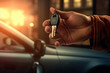 Close up of a man receiving new car key. Businessman handover the car keys. Your new car key. New car owner being handed over the keys by salesperson.