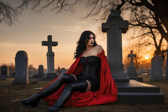 woman with black hair, light eyes, black corset, black garter belt, black boots, red cape, lying on grave, sunset, trees, old cemetery