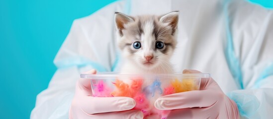 Canvas Print - A one month old kitten with various colors on its fur being held by a girl who is a veterinarian The girl is wearing clear gloves and a white coat and they are both on a white table