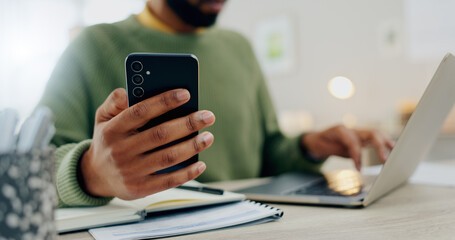 Poster - Phone, laptop and hands multitask or typing for work, online and man with project notebook on desk. Cellphone, app and businessman check information, email or research notes on internet and computer