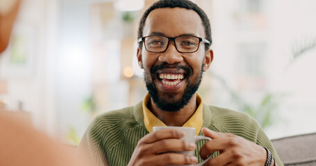 Poster - Happy, coffee and a black man in conversation with a woman for love, care or bonding in the morning. Smile, relax and an African person speaking to a person with a drink, laughing or tea in a house