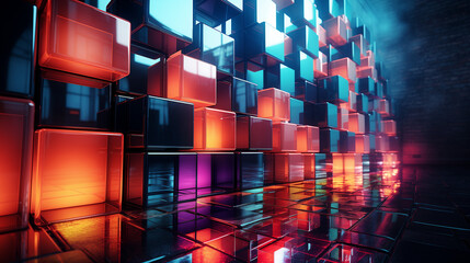 Wall Mural - a technology background with 3d neon cubes. generative ai.