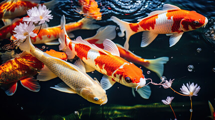 Wall Mural - River pond decorative orange underwater fishes nishikigoi. Aquarium koi Asian Japanese wildlife colorful landscape nature clear water photo