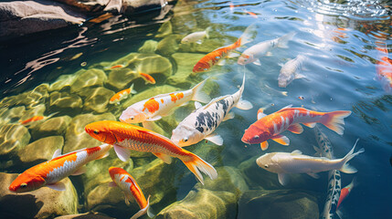 Wall Mural - River pond decorative orange underwater fishes nishikigoi. Aquarium koi Asian Japanese wildlife colorful landscape nature clear water photo