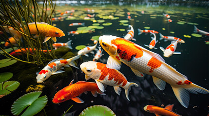 Wall Mural - River pond decorative orange underwater fishes nishikigoi. Aquarium koi Asian Japanese wildlife colorful landscape nature clear water photo