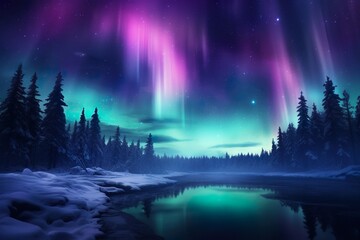 Aurora borealis on the Norway. Green northern lights above mountains. Night sky with polar lights. Night winter landscape with aurora and reflection on the water surface. Natural back