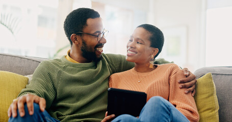 Poster - Hug, home tablet and black couple happy for social media post, morning wellness blog or relationship romance. Living room sofa, eye contact and African man, woman or marriage people embrace for love