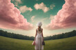 surreal image of woman in white dress, bag on her head, in front of a mirror without reflection on green meadow background of pink clouds