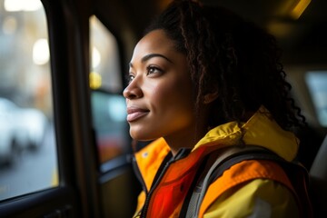 Poster - Woman professional taxi driver. Top professions concept. Portrait with selective focus and copy space