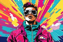 Pop Art Man Comic Illustration, Portrait Of Male Retro 90s Style, Human Street Art Graffiti Pattern, Colorful Abstract Background.