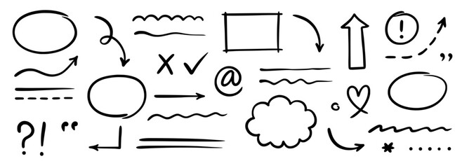 Aufkleber - Hand drawn line arrow, sketch underline, round frame element set. Scribble sketch pencil stroke circle frame, heart, doodle graphic element. Vector illustration