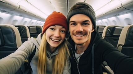 Wall Mural - Happy tourist taking selfie inside airplane - Cheerful couple on summer vacation - Passengers boarding on plane - Holidays and transportation concept