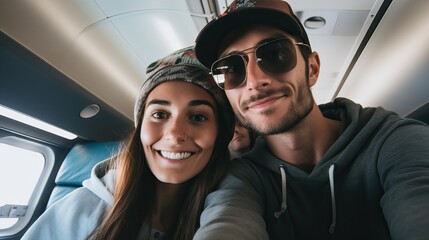 Wall Mural - Happy tourist taking selfie inside airplane - Cheerful couple on summer vacation - Passengers boarding on plane - Holidays and transportation concept