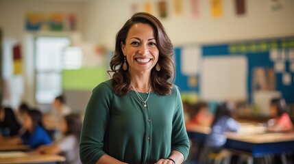 Happy smiling middle aged woman elementary or junior school female teacher standing in the classroom looking at camera.