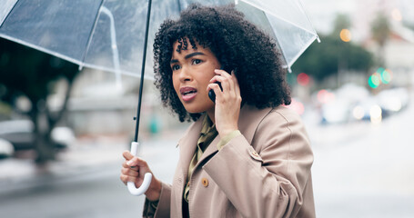 Sticker - Businesswoman, worry and phone for talking in city for commute to work by walking with umbrella for rain. African person, manager and serious face while late for career, job or meeting with client