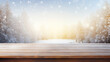 empty wooden table in winter background with snow. copy space for product display and mockup