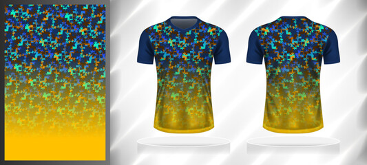 Wall Mural - Vector sport pattern design template for V-neck T-shirt front and back with short sleeve view mockup. Dark and light shades of blue-yellow color gradient abstract texture background illustration.