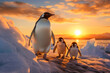 A family of penguins waddling across an icy landscape, with the sun setting in the background