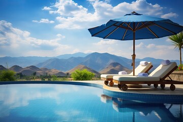 Sticker - beach chair with swimming pool and mountain background