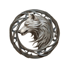 Wall Mural - silver medallion emblem with wolf head, 3D metal emblem isolated on transparent background