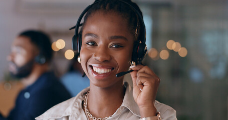 Sticker - Portrait, happy and black woman at call center on headphones for crm support on bokeh at night. Face, sales agent smile and telemarketing consultant, customer service professional or worker in office