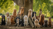 A Number Of Well-dressed Dogs Stand Under A Large Tree And Look At The Camera.