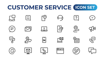 Customer service icon set. Containing customer satisfied, assistance, experience, feedback, operator and technical support icons.Thin outline icons pack.